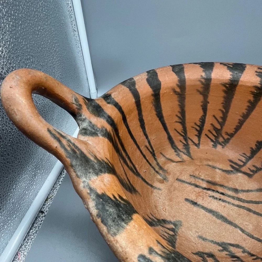 Puebla Ware Pottery Bowl‎ w/ Black Linear Design Vtg Handmade Pottery Terracotta